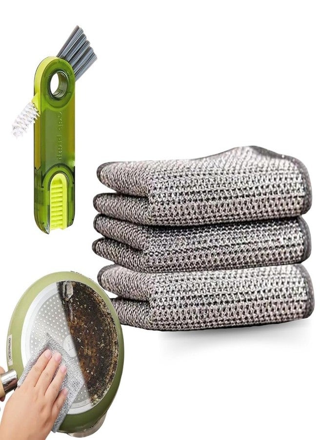 MIRARIYA New Combo - 3Pcs Non-Scratch Wire Dish Cleaning Cloth & 1Pc 3-in-1 Gap Cleaning Brush, Multipurpose Wire Dishwashing Rags - Wet & Dry, Easy Rinsing, Reusable, Kitchen Cleaning Cloth & Brush - Image 1